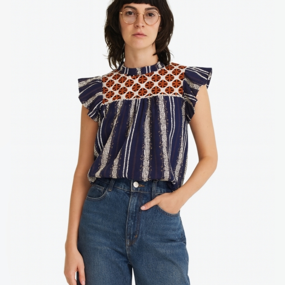 THML Shortsleeve Top Blue Orange Boho Bohemian Festival Seashells Horsebit Sz S